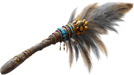 Naklejka premium Ceremonial African tribal staff with intricate adornments and vibrant feathers showcasing cultural artistry