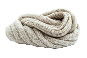 Cozy knitted wool scarf folded neatly and placed on a clean white isolated photography background