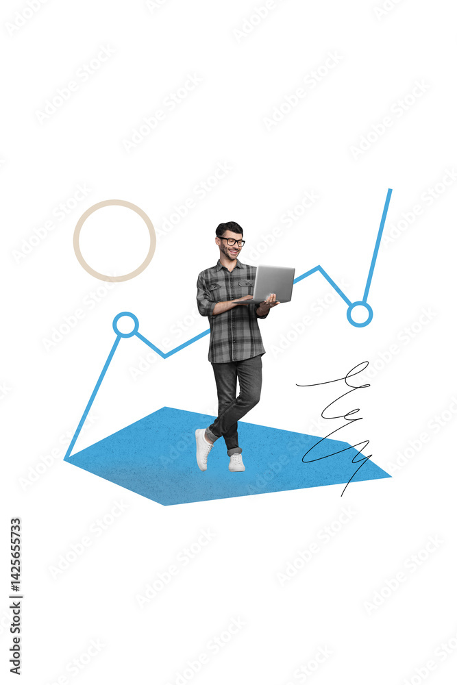 Poster Collage picture poster of smiling worker programmer analyzing statistics successful results isolated on drawing background