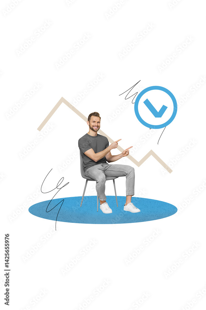 Poster collage sketch poster of happy smiling professional worker presenting stats diagram completed deal i