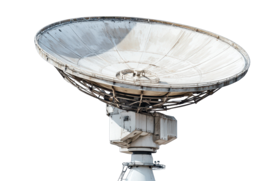Satellite dish antenna positioned for signal transmission in professional studio image with white background