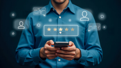 Young adult man in blue shirt interacting with smartphone, social media feedback, reviews, ratings, and user comments in digital space
