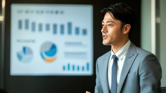 プレゼンやスピーチで聴衆に向かって話す日本人男性（講演・会社員・講師・起業・教育）