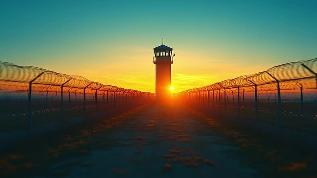 Sunrise at the prison guard tower. A tranquil sunrise illuminates a guard tower at a prison, casting long shadows along the barbed wire fence.