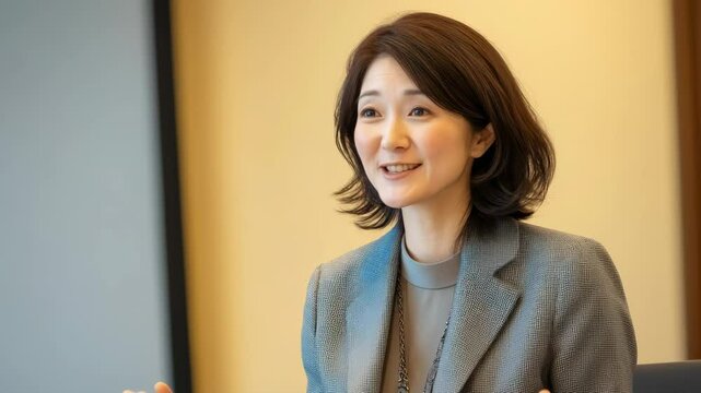 プレゼンやスピーチで聴衆に向かって話す日本人女性（講演・会社員・講師・起業・教育）