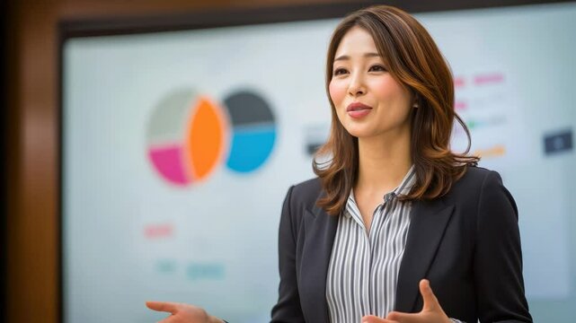 プレゼンやスピーチで聴衆に向かって話す日本人女性（講演・会社員・講師・起業・教育）