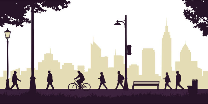 City park silhouette scene with people walking and biking vector illustration