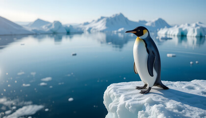 Fototapeta premium A penguin stands at the edge of a massive glacier, overlooking the calm and serene expanse of vibrant blue glacial water, evoking solitude and wonder