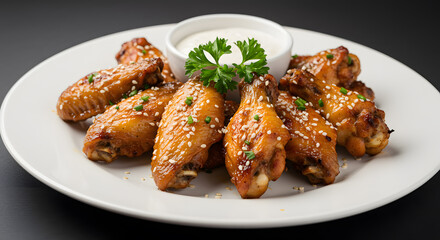 Fototapeta premium Closeup BBQ Chicken Wings White Round Plate Sesame Parsley Garnish