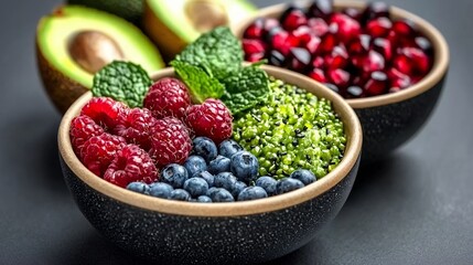 Vibrant Bowls of Fresh Berries, Broccoli, and Avocado