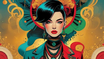 illustration poster featuring a fusion of art, culture, and fashion elements, with a mix of geometric shapes, abstract patterns, and ornate details