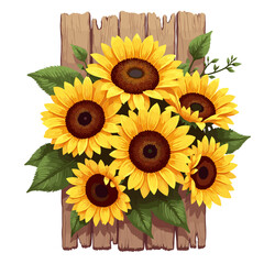 Fototapeta premium Sunflowers Bouquet on Rustic Wooden Background for Floral Blogs, Gardening Websites, Home Decor, Nature Awareness, and Seasonal Celebration Content