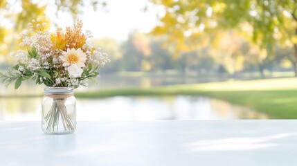 Autumn bouquet in glass jar on a table,  peaceful park background