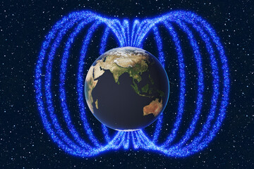 The planet Earth’s magnetic field is visualized by glowing particles in outer space. Illustration of the concept of geomagnetic field and reversals of polarity