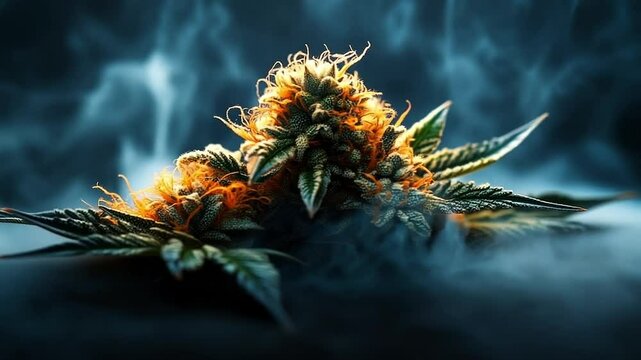 Cannabis flower in smoke. Cannabinoid-rich flowers showcase vibrant orange pistils surrounded by lush green leaves in a mysterious atmosphere.