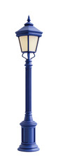 Classic blue street lamp with elegant design and illuminated glass, cut out - stock png.