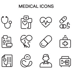 Set of Medical web icons in line black style. Medicine and Health Care, RX. Medicine, check, doctor, dentistry, pharmacy, lab, scientific discovery, collection. with white background