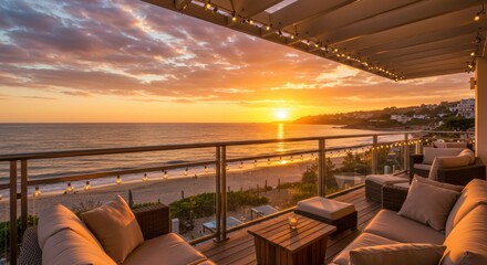 Fototapeta premium Elegant coastal suite with ocean sunset view