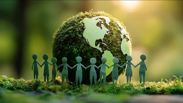 People unite around a green Earth model. A group of paper figures hold hands around a moss-covered globe, symbolizing unity and environmental care in nature.
