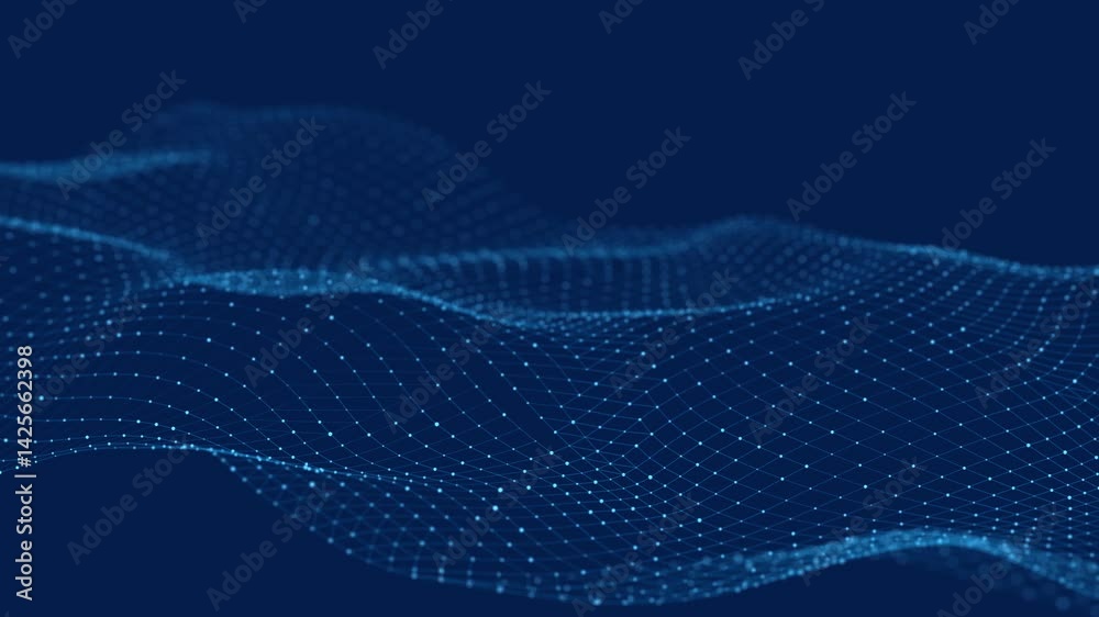 Poster Abstract flow of luminous particles on dark background. Movement of colored dots. Big data visualization. 3D rendering. Seamless loop. 4k	