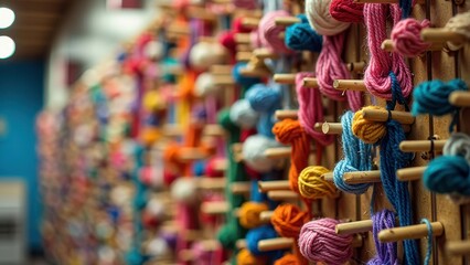Obraz premium Colorful yarn wall with diverse textures and patterns in a cozy studio setting