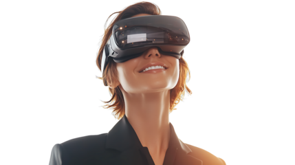 Businesswoman smiling portrait, working in VR glasses headset, Concept of digital world and metaverse, isolated on a transparent background