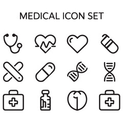 Set of Medical web icons in line black style. Medicine and Health Care, RX. Medicine, check, doctor, dentistry, pharmacy, lab, scientific discovery, collection. with white background