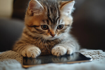 Young kitten gently tapping on tablet screen while relaxing on a cozy couch, showcasing the playful interaction with technology in a comfortable home setting
