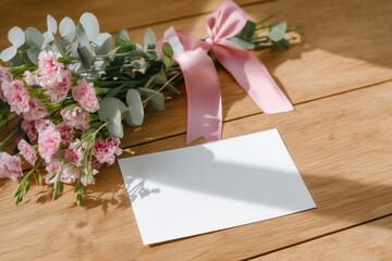 A blank white card lies on a wooden table next to a bouquet of flowers. 