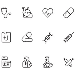 Set of Medical web icons in line black style. Medicine and Health Care, RX. Medicine, check, doctor, dentistry, pharmacy, lab, scientific discovery, collection. with white background