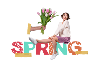 Surprised pretty girl have shock got secret lover tulip big bouquet feel embarrassed spring time romance date invitation postcard collage