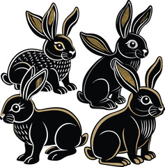 Elegant Black Bunny Clipart Set – Hand-Drawn Rabbit Vectors for Crafts & Design