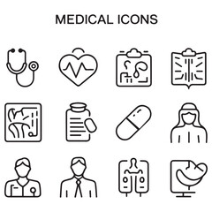 Set of Medical web icons in line black style. Medicine and Health Care, RX. Medicine, check, doctor, dentistry, pharmacy, lab, scientific discovery, collection. with white background