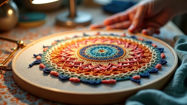 Colorful mandala embroidery handcrafted in wooden hoop with intricate patterns - Powered by Adobe