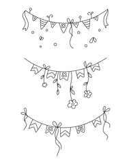 Garland of flags with flowers on a thread. Hanging dried flowers, bows, ribbons. Set of decorative elements for a postcard, letter decoration, coloring