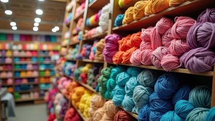 Fototapeta premium Colorful yarn display in craft store with shelves of vibrant wool for knitting and crocheting enthusiasts
