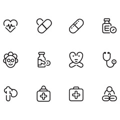 Set of Medical web icons in line black style. Medicine and Health Care, RX. Medicine, check, doctor, dentistry, pharmacy, lab, scientific discovery, collection. with white background