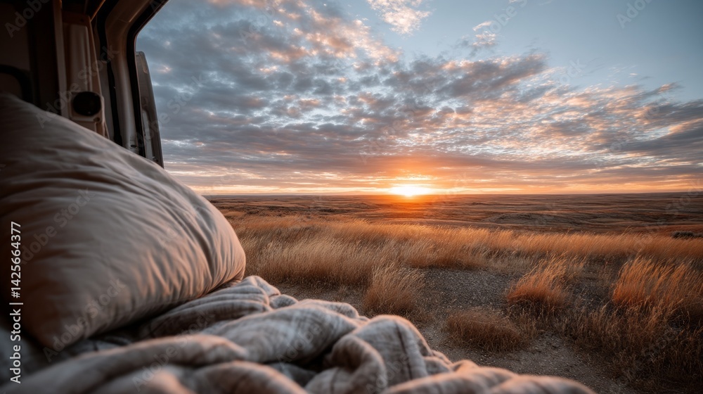 Poster golden rays of sunset illuminate the horizon as a camper van provides a perfect vantage point. plush