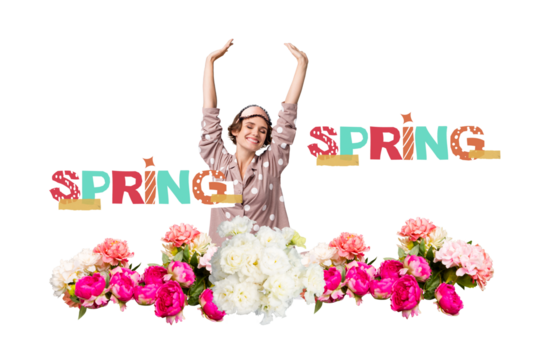 Young bride waking up among many flowers have best birthday morning international women day conceptual commercial collage photo