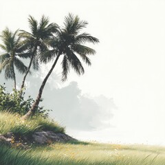 Serene Tropical Coast  Palm Trees  Grass  Fog  Ocean View