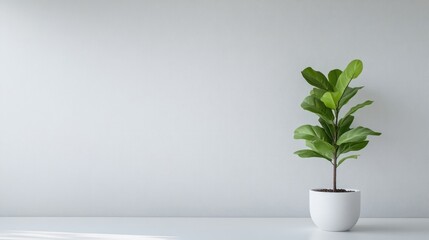 A potted green plant on white shelf against light grey wall, minimalist indoor decor, natural light, and simplicity and elegance concept.