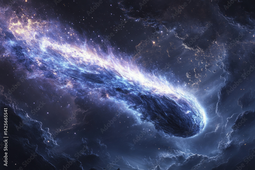 Poster a celestial body, possibly a comet or asteroid, hurtles through space leaving a luminous trail of ga