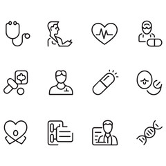 Set of Medical web icons in line black style. Medicine and Health Care, RX. Medicine, check, doctor, dentistry, pharmacy, lab, scientific discovery, collection. with white background