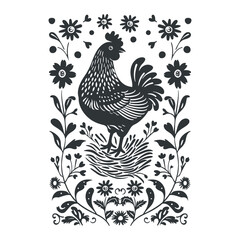 Vector linocut floral poster template with chiken. Modern trendy minimal style. Black and white colors. Botanical blockprint. Design for wallpaper, wall decor, print, postcard, cover, template.