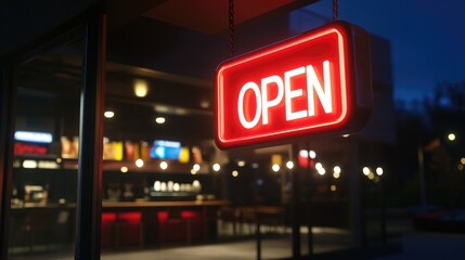 Illuminated open sign at night for restaurants or cafes with space for custom text or branding, perfect for advertising and marketing