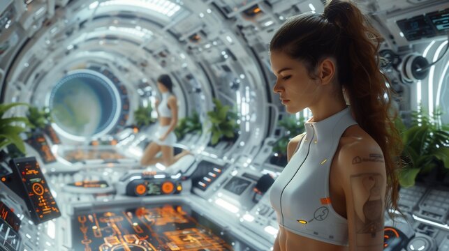 Futuristic gym advanced fitness equipment located healthfocused planet scene show hyperrealistic training session 24hour schedule gym includes detailed infographic of class timing dry efficient health