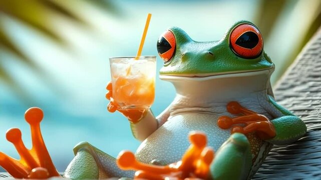 Close-up funny red-eyed tree frog holding glass of water with its orange webbed fingers,surreal anthropomorphic concept, clean minimal background.Animal humor hydration theme