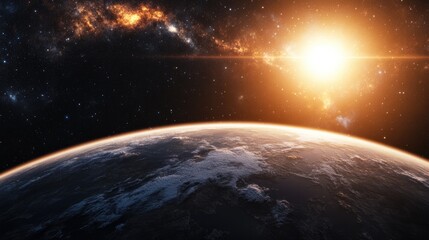 Obraz premium Panoramic view of earth with sun star and galaxy in space setting for cosmic exploration and education