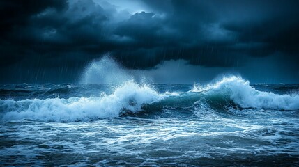 Naklejka premium Dramatic ocean waves crashing under a stormy sky.