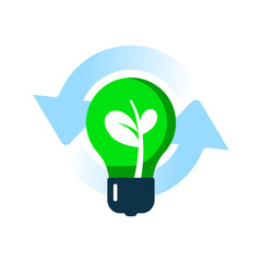 Sustainable Innovation flat Illustration. Light bulb with green sprout and circular arrow symbolizing eco friendly ideas, renewable energy, and continuous development. for environmental campaigns